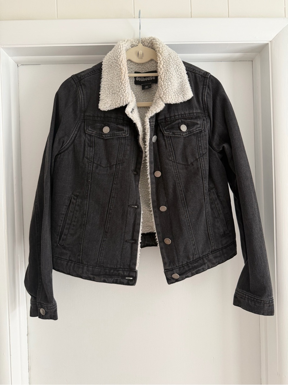 Denim Sherpa-Lined Jacket in Black with Cream Collar